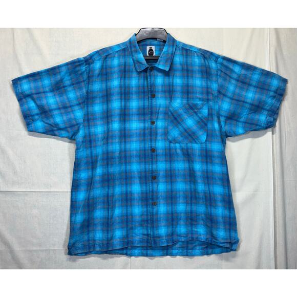 Bugle Boy XL Blue Plaid Short Sleeve Button Up Shirt Ramie Cotton Blend - Picture 1 of 13